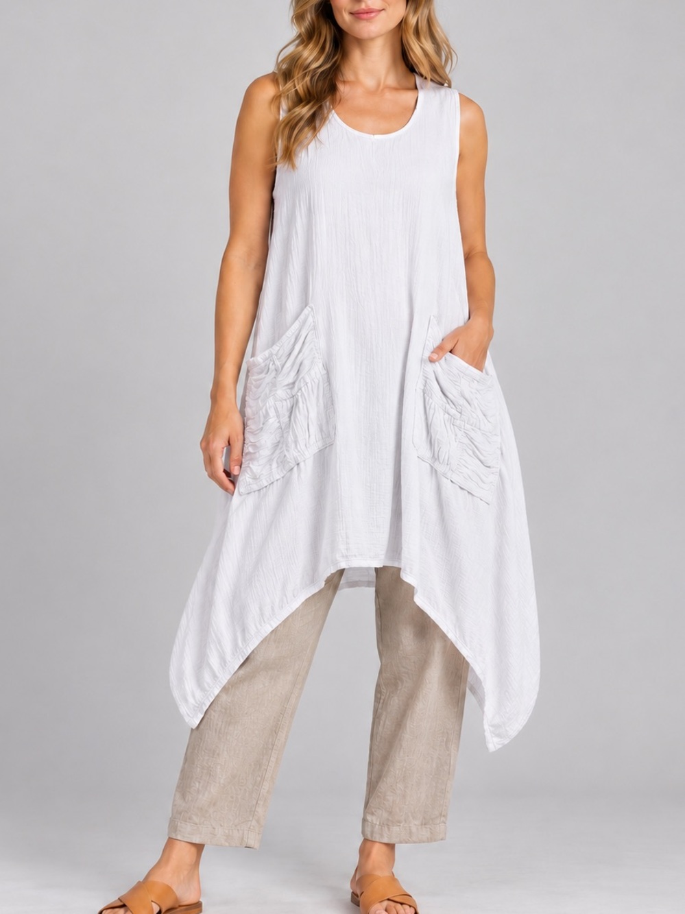 Oh My Gauze! Brad Cotton Gauze Vest White Lagenlook Tunic Oversized Pockets Boho